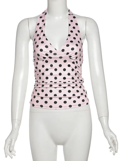 Polka Dots Tank Tops Women Sexy Low-Neck Off Shoulders Backless Street Fashion Versatile Style Ruched Elegant Outfits