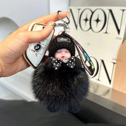 Cute Sleeping Baby Keychain – Fluffy Pom Pom Doll Bag Charm
