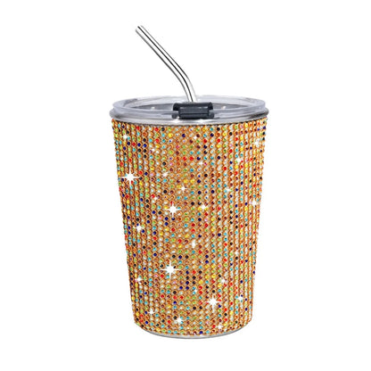 500ml Rhinestone Stainless Steel Water Bottle with Straw Luxury Sparkling Cup