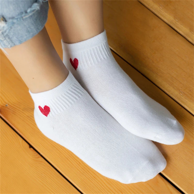 Cute Heart Ankle Socks – Women’s Kawaii White Cotton Sock Set