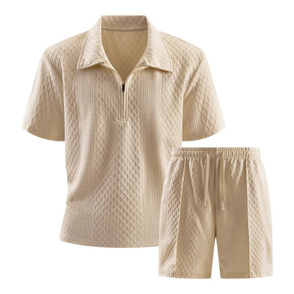 Men’s Luxury Textured Tracksuit Set – Short Sleeve Polo & Shorts Outfit