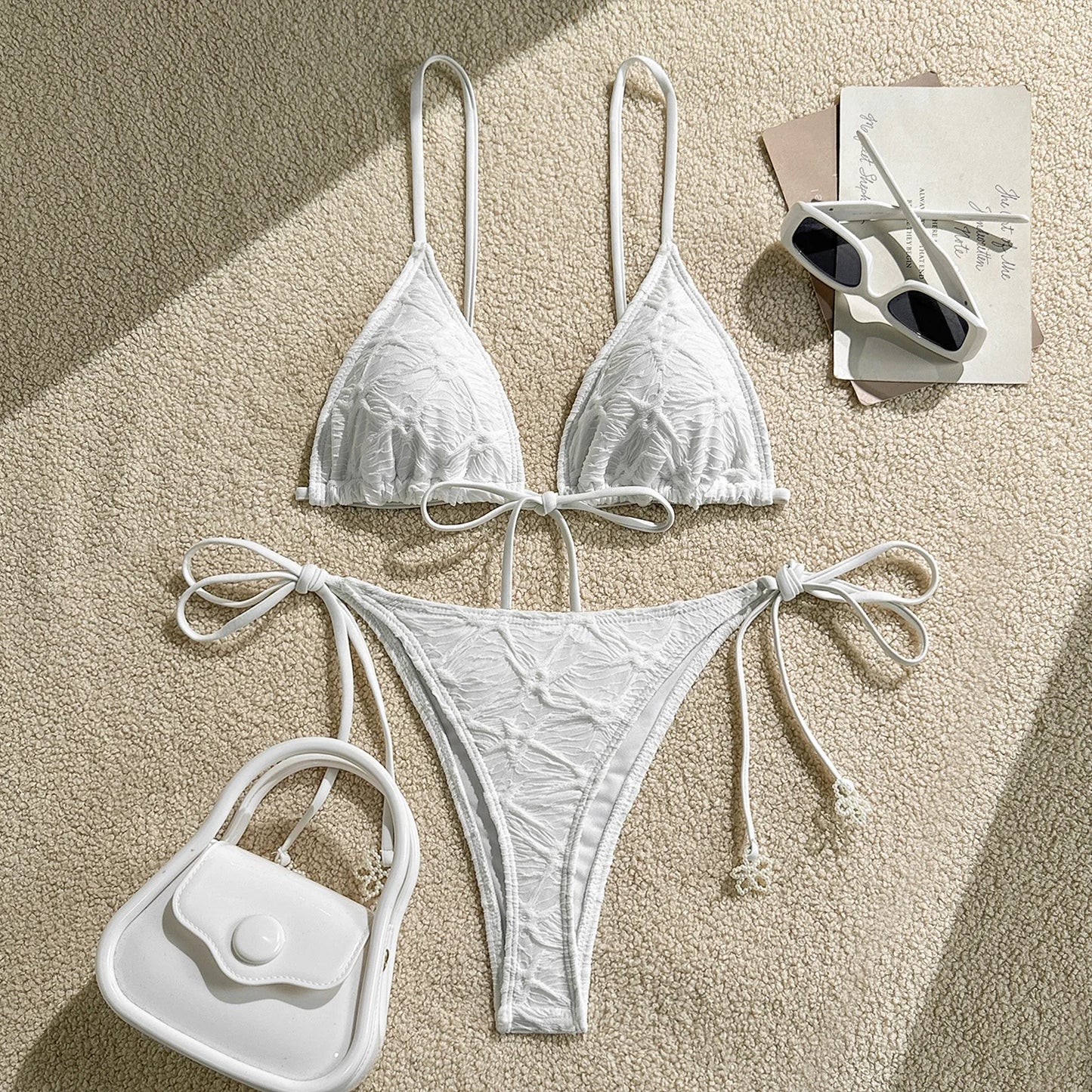 Women's Bikini Sets Ribbed Two Piece Swimsuits Underwire Adjustable Back  Bathing Suit Side Tie Triangle Thong Swimwear