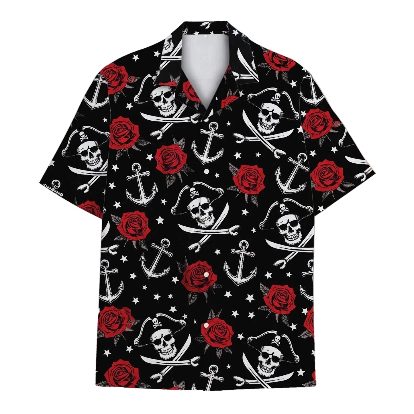 Skeleton Pirate Captain Hawaiian Shirt Cartoon Summer Beach Button Up