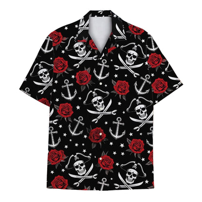 Skeleton Pirate Captain Hawaiian Shirt Cartoon Summer Beach Button Up