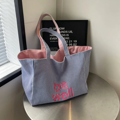Striped Canvas Tote Bag – Cute Large Capacity Shoulder Bag for Women