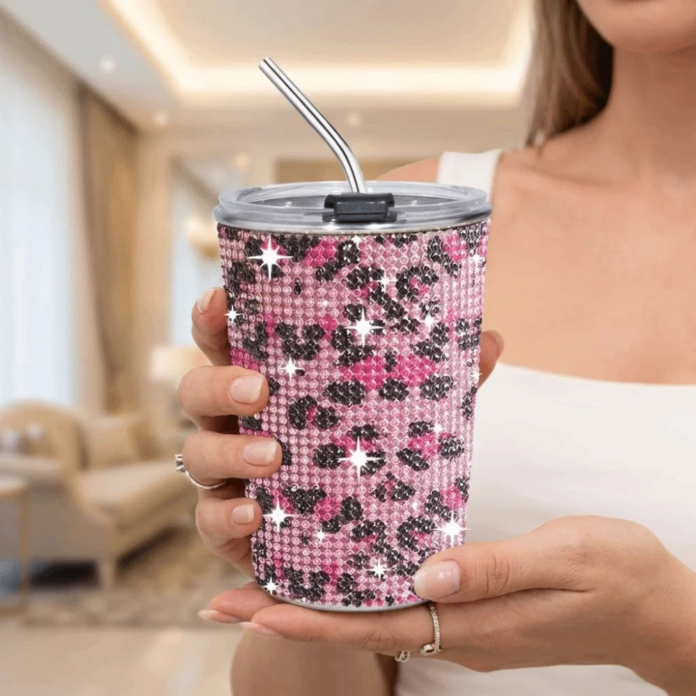 500ml Rhinestone Stainless Steel Water Bottle with Straw Luxury Sparkling Cup
