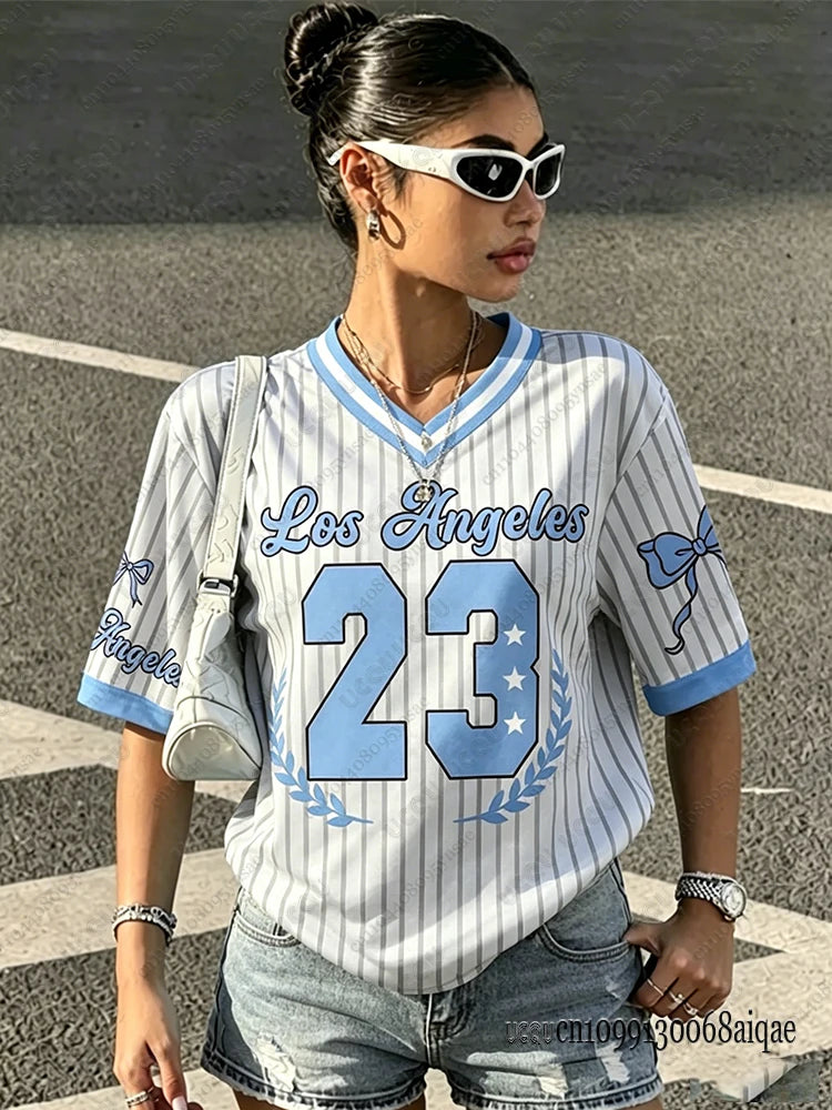 Summer New Los Angeles 23 Print Stripe T-shirt For Women V-Neck Short Sleeve Tees Sports Football Jersey Y2K Loose Oversized Top