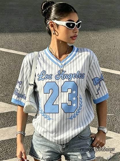 Summer New Los Angeles 23 Print Stripe T-shirt For Women V-Neck Short Sleeve Tees Sports Football Jersey Y2K Loose Oversized Top