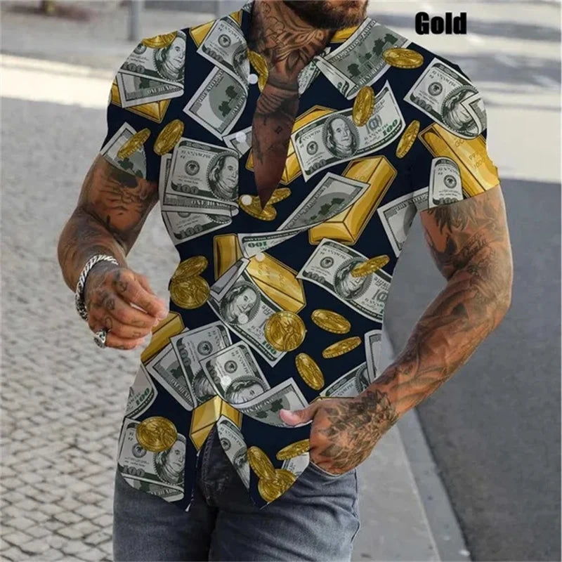 Dollar Print Hawaiian Shirt Men 3D Graphic Summer Button Up Streetwear Top