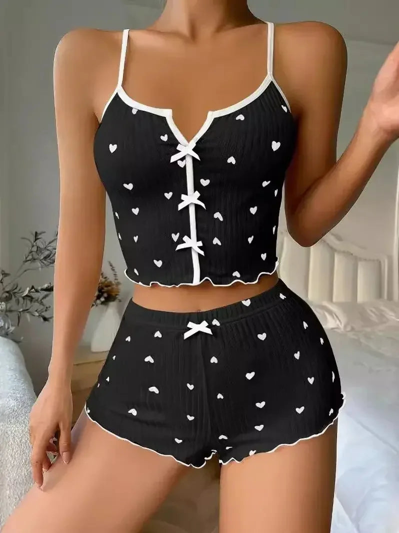 Cute Heart Print Pajama Set – Women’s Ribbed Cami Top & Shorts Sleepwear, Soft Summer Lounge Set