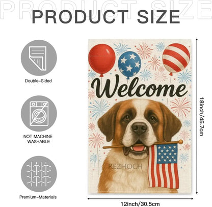 4th of July Patriotic Garden Flag Welcome Funny Saint Bernard Dog Independence Memorial Day Yard Flags for Outside