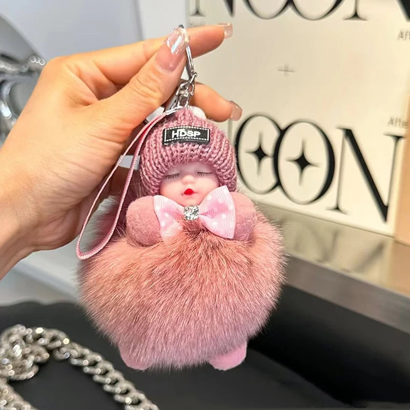 Cute Sleeping Baby Keychain – Fluffy Pom Pom Doll Bag Charm