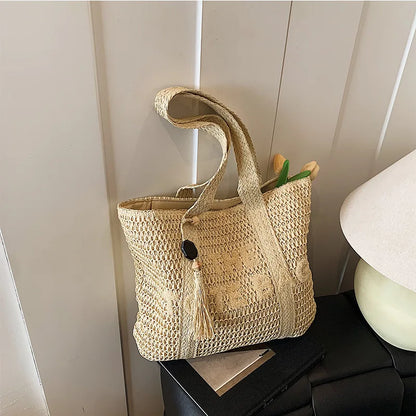 Boho Straw Tote Bag – Woven Beach Shoulder Handbag for Women Summer Fashion