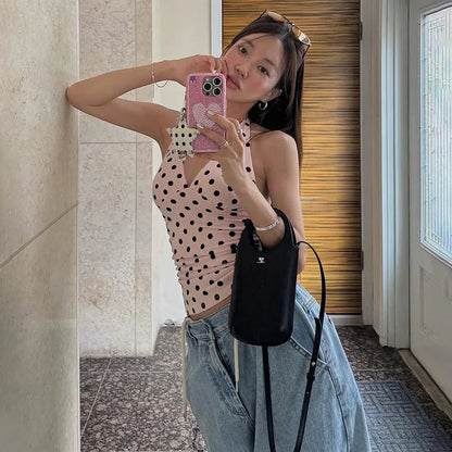 Polka Dots Tank Tops Women Sexy Low-Neck Off Shoulders Backless Street Fashion Versatile Style Ruched Elegant Outfits