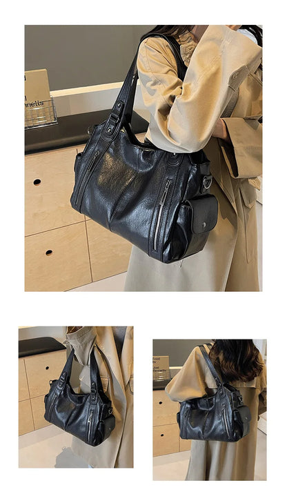 Vintage Leather Tote Shoulder Bag – Large Capacity Crossbody Handbag for Women