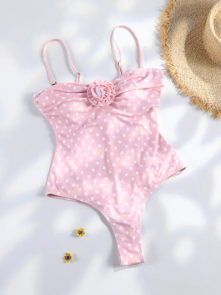 Pink Flower High Cut Bikini Women Push Up Swimsuit Retro Dot Print Summer Beachwear