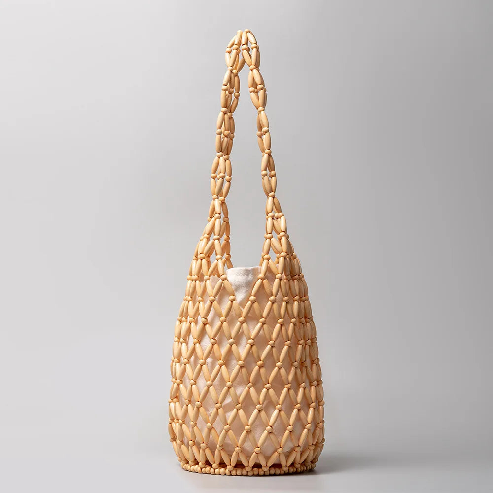 Woven Net Tote Bag with Wooden Beads | Summer Boho Beach Handbag