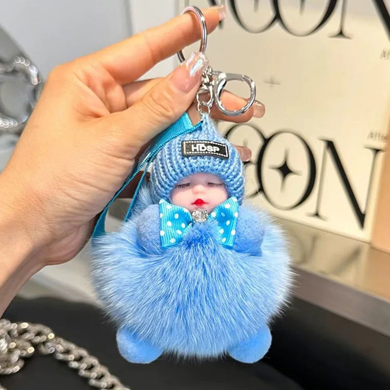 Cute Sleeping Baby Keychain – Fluffy Pom Pom Doll Bag Charm