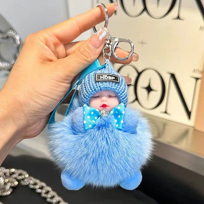 Cute Sleeping Baby Keychain – Fluffy Pom Pom Doll Bag Charm