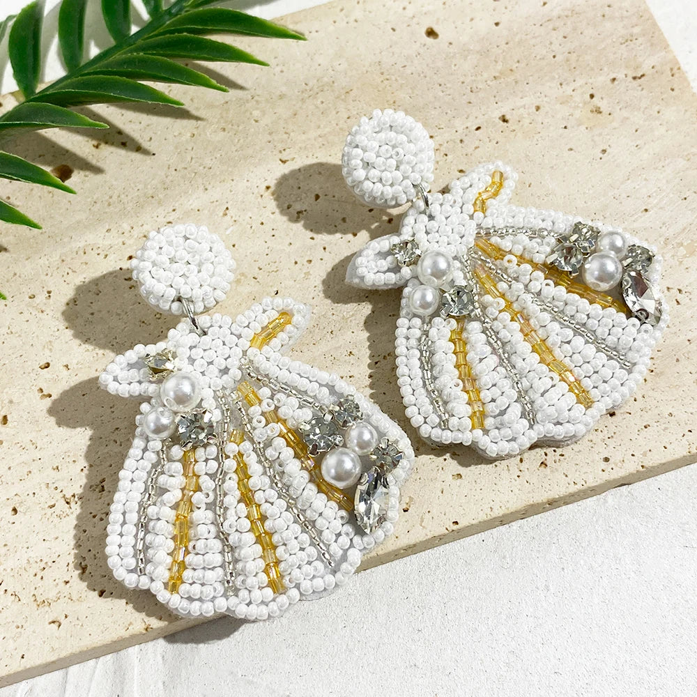 Boho Beach Statement Earrings – Handmade Beaded Starfish Seahorse Shell Drop Earrings for Women