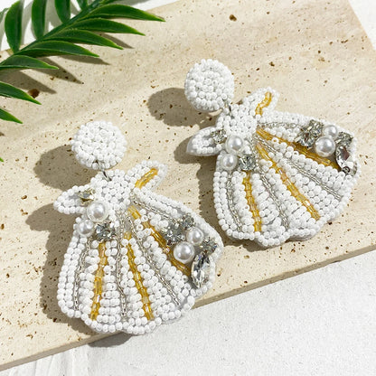 Boho Beach Statement Earrings – Handmade Beaded Starfish Seahorse Shell Drop Earrings for Women