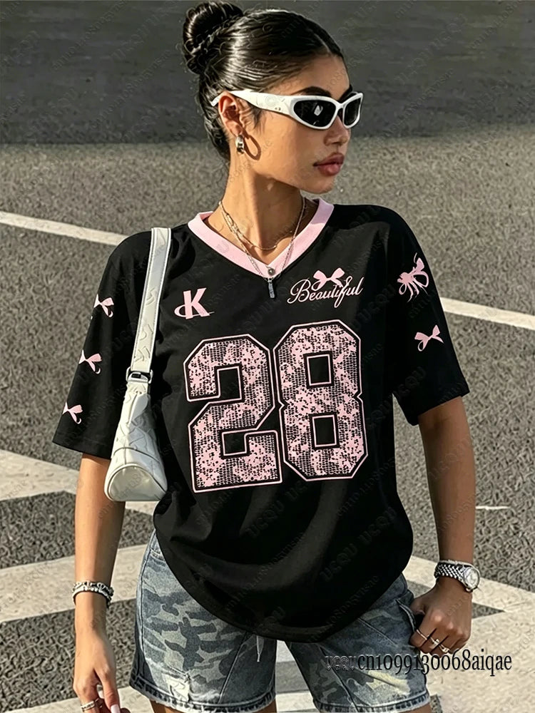 2026 Speed 23 Oversized Jersey T-Shirt Women Y2K Sport Style V-Neck Summer Streetwear Graphic Tee