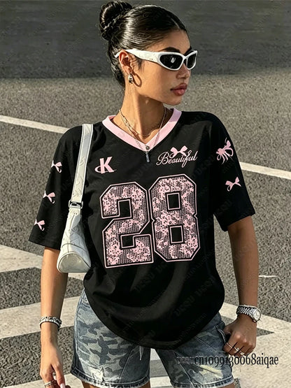 2026 Speed 23 Oversized Jersey T-Shirt Women Y2K Sport Style V-Neck Summer Streetwear Graphic Tee