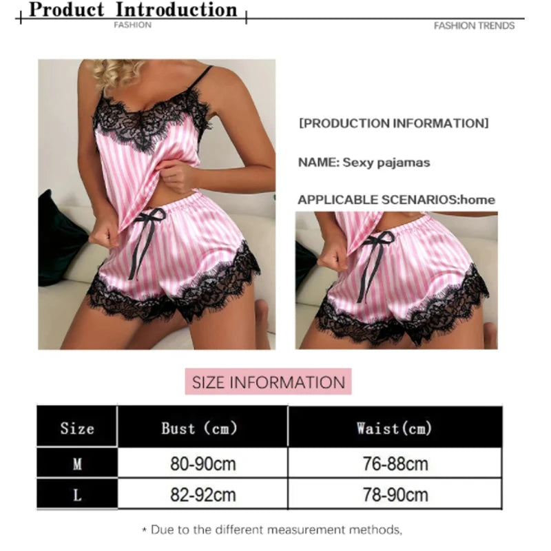 Sexy Satin Lace Pajama Set – Women’s Sleeveless Cami Sleepwear