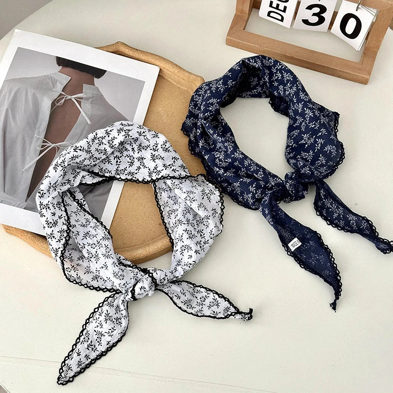 Retro Lace Scarf Sweet Flower Triangle Hair Scarf for Women Hair Band Thin Vintage Kerchief Bohe Flower Ribbon Travel Headwear ﻿