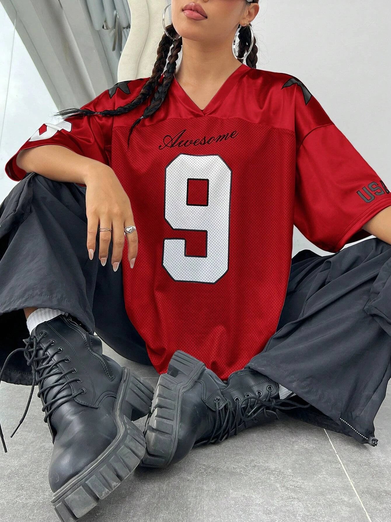 2026 New York No.9 Oversized Jersey T-Shirt Women V-Neck Sport Style Breathable Summer Streetwear Tee