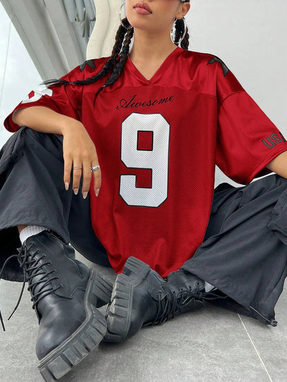 2026 New York No.9 Oversized Jersey T-Shirt Women V-Neck Sport Style Breathable Summer Streetwear Tee