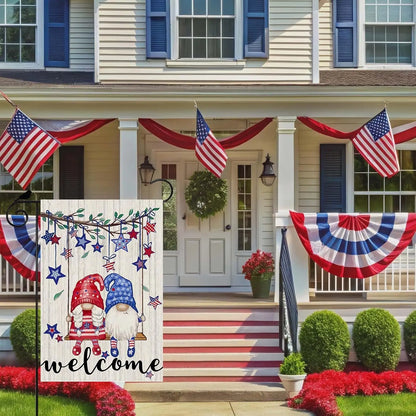 Welcome Tree Swing Gnomes Stars Patriotic America 4th of July Memorial Day Independence Day Garden Flag