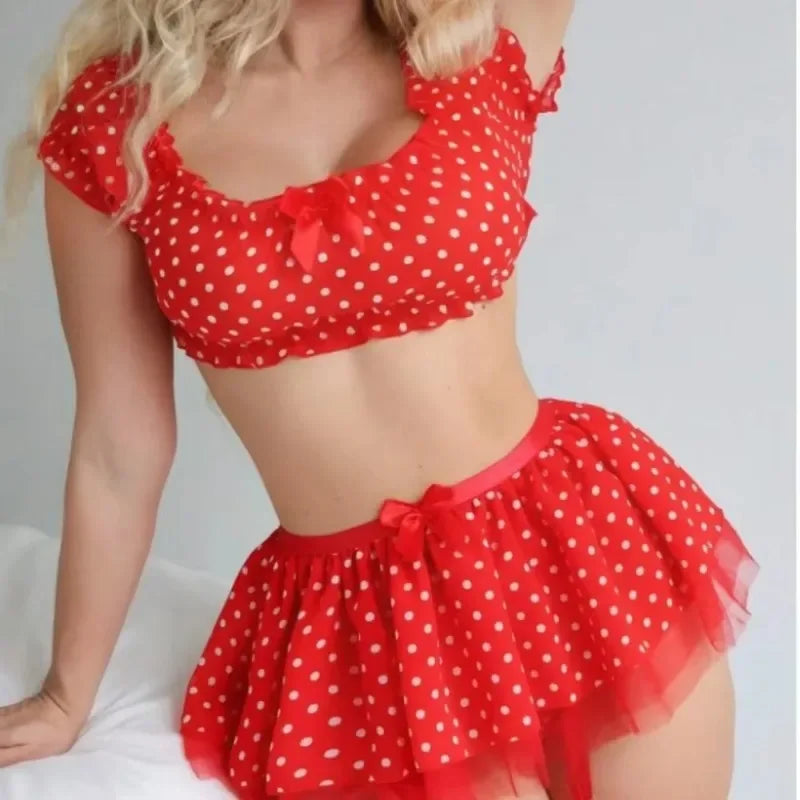 Cute Polka Dot Lingerie Set – Off Shoulder Babydoll Sleepwear for Women