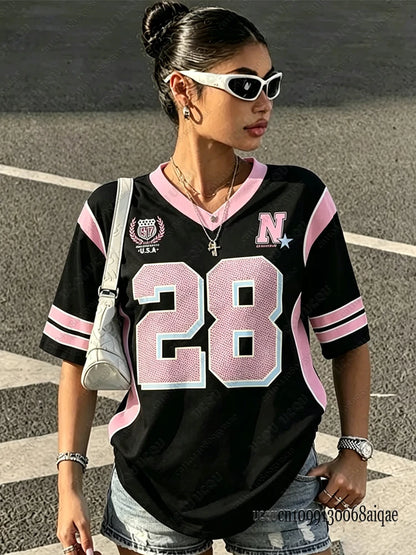 2026 Speed 23 Oversized Jersey T-Shirt Women Y2K Sport Style V-Neck Summer Streetwear Graphic Tee