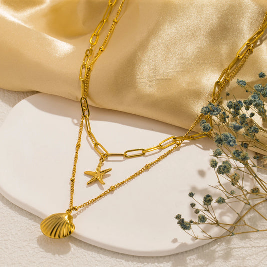 Gold Layered Seashell & Starfish Pendant Necklace