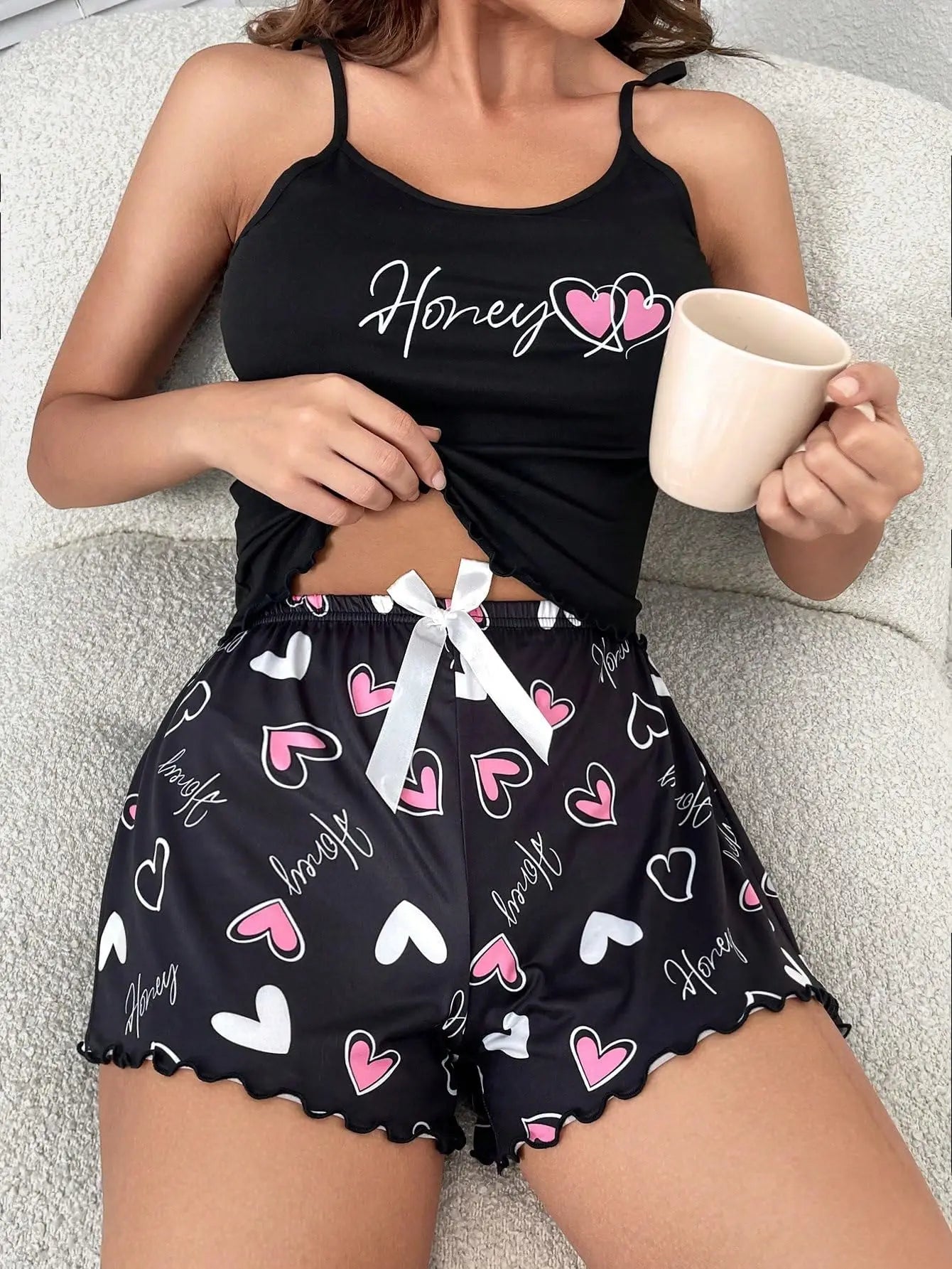 Women’s Heart Print Pajama Romper – Cute Spaghetti Strap Sleepwear Shorts Jumpsuit for Summer Loungewear