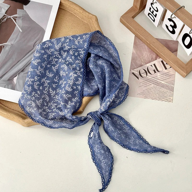 Retro Lace Scarf Sweet Flower Triangle Hair Scarf for Women Hair Band Thin Vintage Kerchief Bohe Flower Ribbon Travel Headwear ﻿