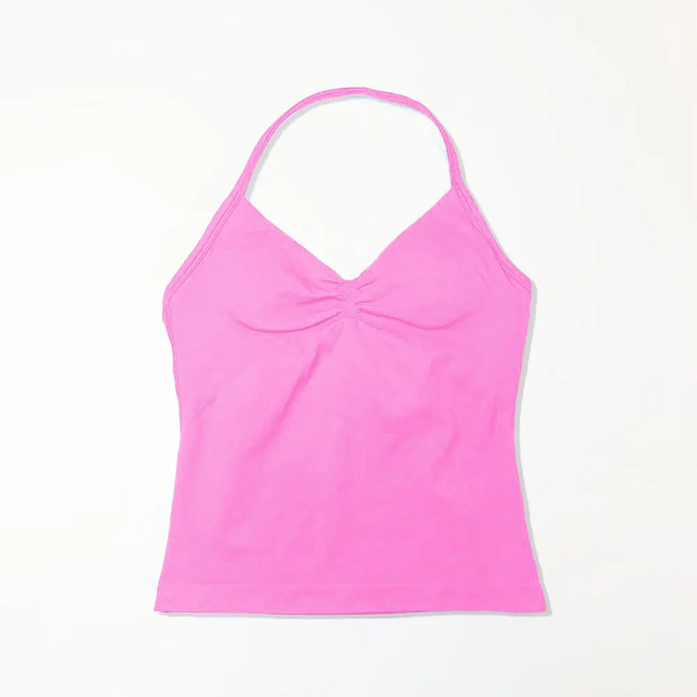 Pink Halter Neck Ruched Active Tank Top