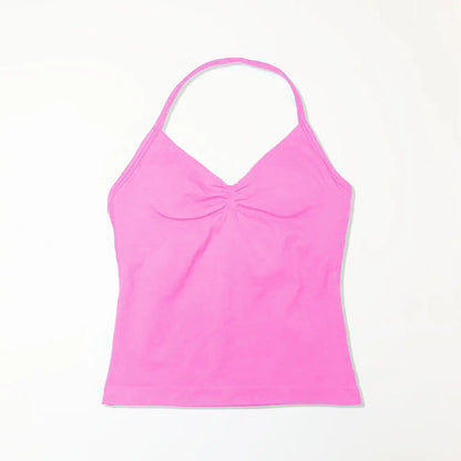 Pink Halter Neck Ruched Active Tank Top