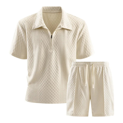 Men’s Luxury Textured Tracksuit Set – Short Sleeve Polo & Shorts Outfit