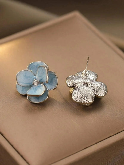 Blue Flower Stud Earrings – Elegant Floral Crystal Earrings for Women Vintage Jewelry