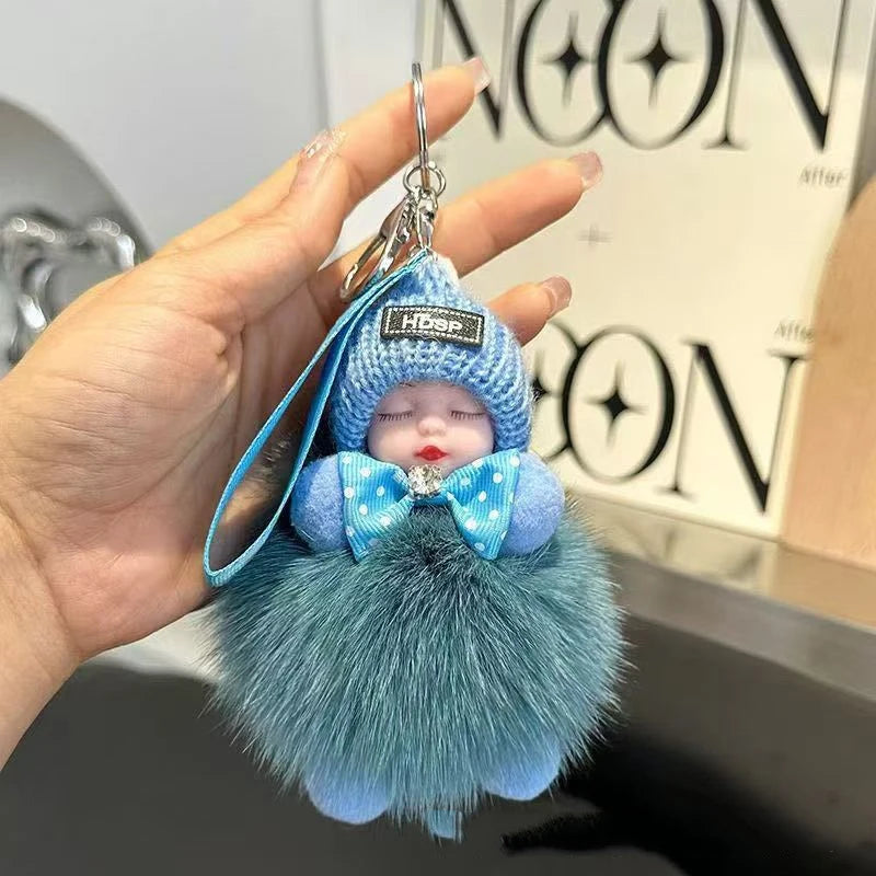 Cute Sleeping Baby Keychain – Fluffy Pom Pom Doll Bag Charm