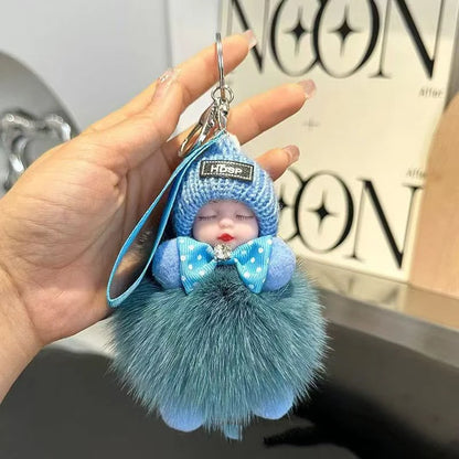 Cute Sleeping Baby Keychain – Fluffy Pom Pom Doll Bag Charm