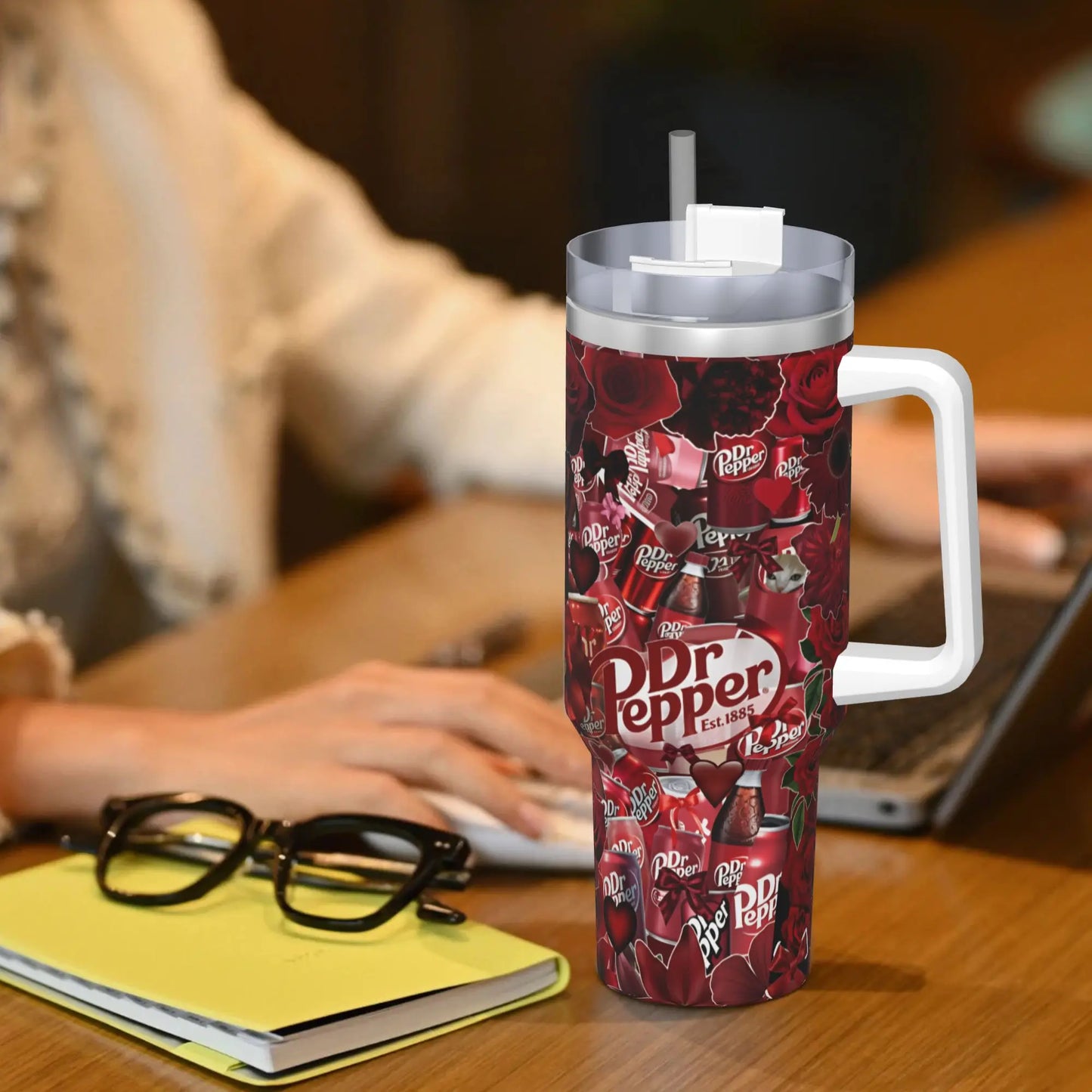 Dr Pepper Rose Tumbler – 40oz Insulated Stainless Steel Travel Mug with Handle