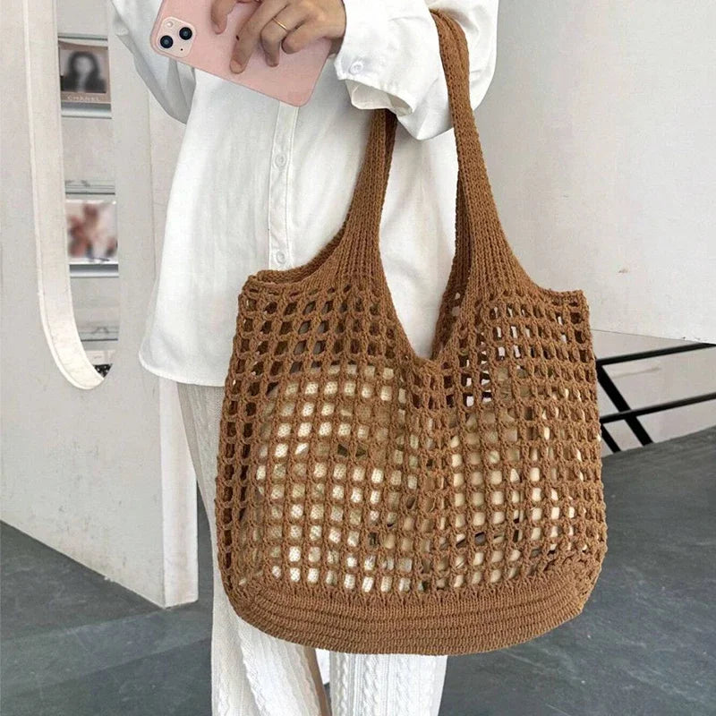 Boho Raffia Crochet Tote Bag | Aesthetic Summer Beach Handbag