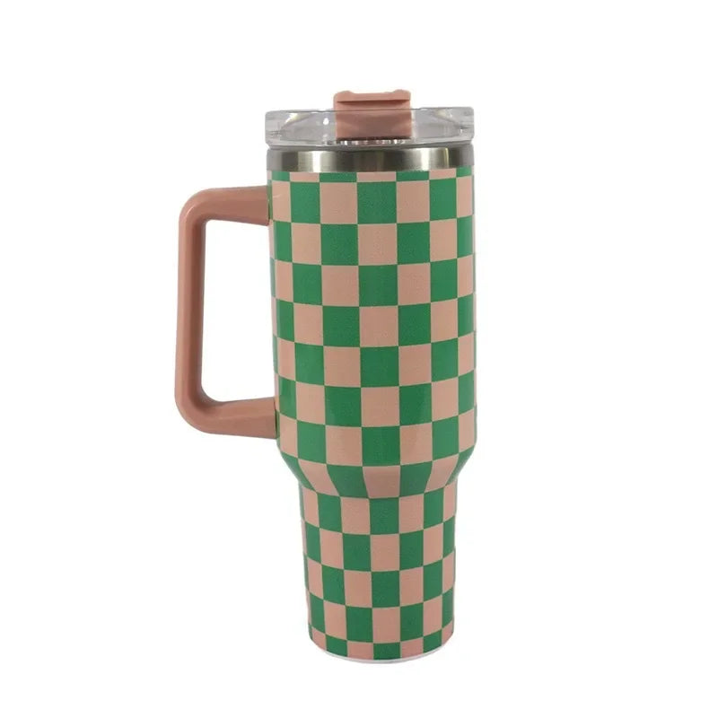 40oz Checkered Stainless Steel Tumbler with Handle Insulated Travel Mug