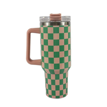 40oz Checkered Stainless Steel Tumbler with Handle Insulated Travel Mug