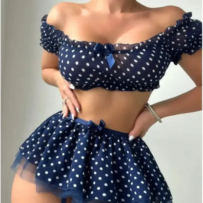 Cute Polka Dot Lingerie Set – Off Shoulder Babydoll Sleepwear for Women