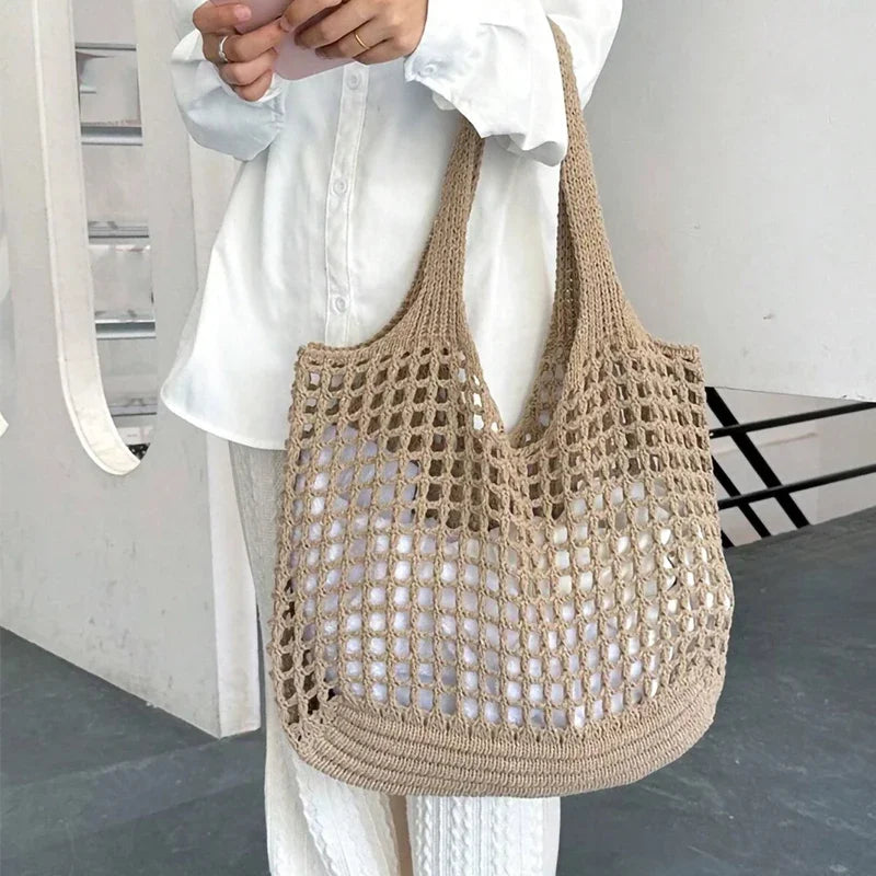 Boho Raffia Crochet Tote Bag | Aesthetic Summer Beach Handbag