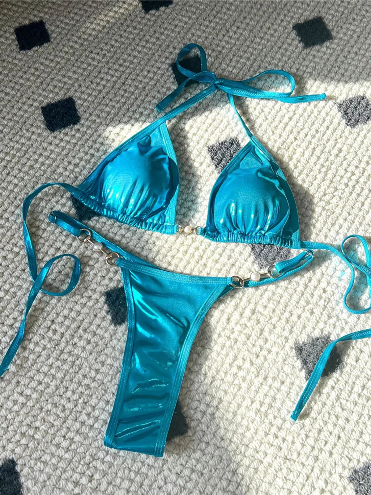 PU Faux Leather Halter Thong Bikini Set Women Two Piece Swimsuit Y2K Festival Swimwear